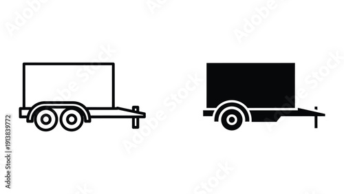 Utility trailer side view black and white line art illustrations