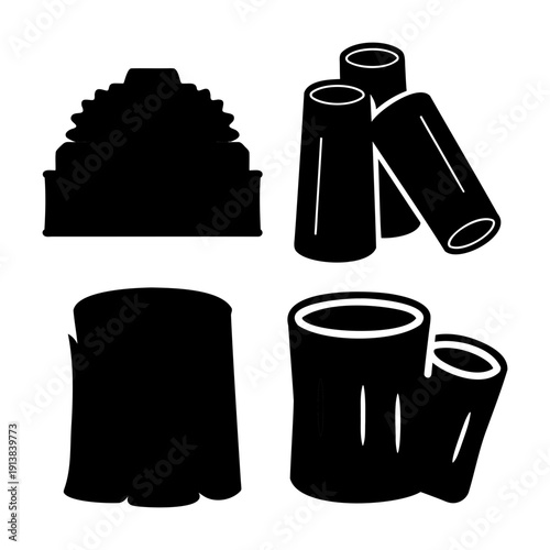 Diverse black silhouette icons featuring cut logs, tree stump, and a stepped structure