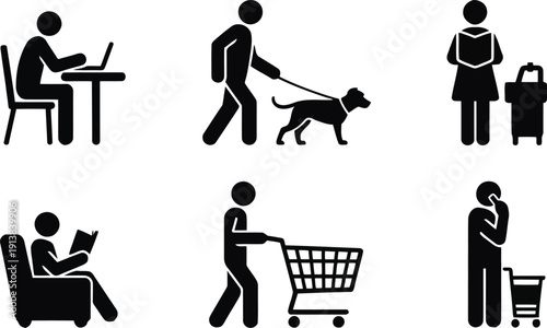 Set of six black stick figures illustrating diverse common human actions and daily situations