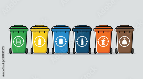 Recycling Bin Vector Set – Six Colored Waste Segregation Icons Featuring Organic, Plastic, Paper, Metal, Glass, and General Trash for Environmental and Educational Projects
