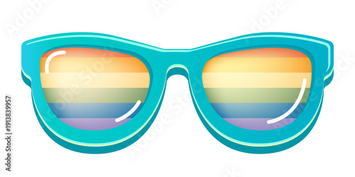 LGBT blue sunglasses retro groovy hipster style with pride rainbow lens and white frame isolated on white background. Retro vintage Pride day, LGBT and LGBTQ sunglasses icon, sticker, poster and label