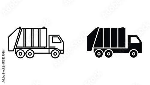 Canvas-taulu Garbage trucks side view, black and white outline and silhouette