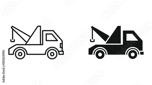 Tow truck outline and silhouette illustration set