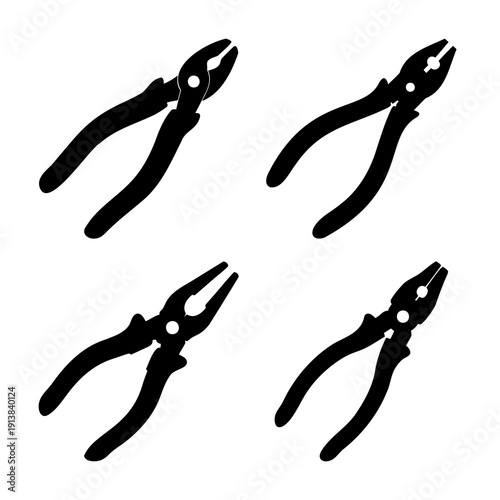 Pliers tool set in black and white silhouette design for various handyman tasks and repairs