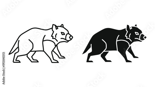 Simple black and white illustration of a bear walking