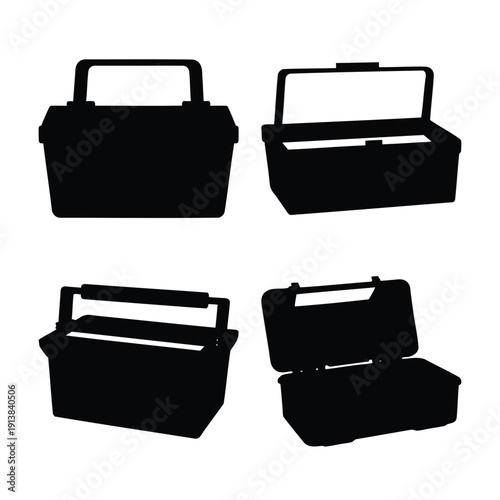 Silhouette collection of various toolboxes and storage containers in different states