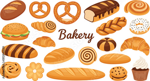 Bakery Pastry and Bread Set with Lettering. Croissant, Pretzel, Baguette and Cupcake Illustration. Warm Hand Drawn Baked Goods Vector for Cafe Menu Design.
