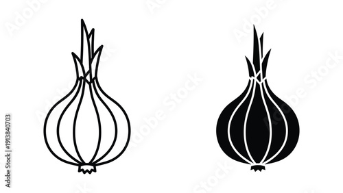 Black and white illustration of two onions, one outlined and one filled.