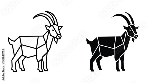 Low poly black and white goat illustrations side by side