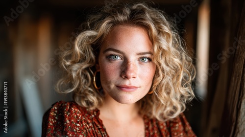 Wallpaper Mural A captivating portrait of a young woman with curly hair and bright blue eyes, showcasing her natural beauty in a beautifully lit setting with soft focus background. Torontodigital.ca