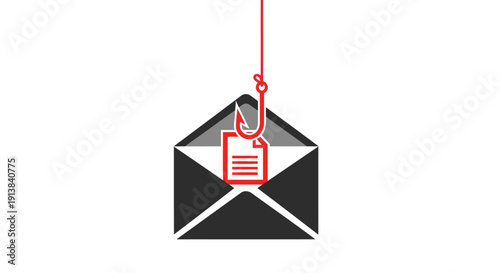 Minimalist phishing attack icon — email envelope with hook pulling data file flat vector red grey