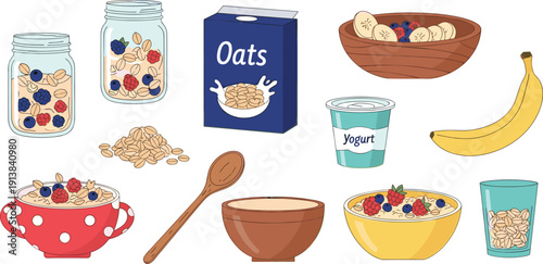 Oatmeal Breakfast Ingredients Collection. Oats, Yogurt, Banana and Berry Toppings Illustration. Healthy Morning Meal Vector Set for Nutrition and Menu Design.