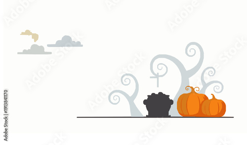 Flat Halloween Horizontal Banner with Cauldron Pumpkins Full Moon Spooky Trees and Empty Text Area Vector