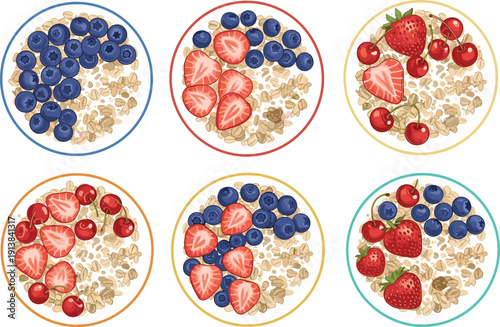 Oatmeal Bowls with Fresh Berries Set. Granola with Blueberries, Strawberries and Cherries Illustration. Healthy Breakfast Food Vector Collection for Menu Design.
