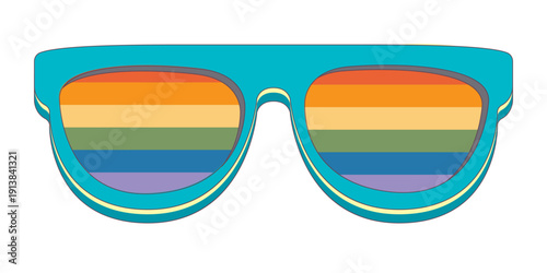 LGBT blue sunglasses retro groovy hipster style with pride rainbow lens and white frame isolated on white background. Retro vintage Pride day, LGBT and LGBTQ sunglasses icon, sticker, poster and label