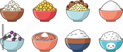 Rice Bowl and Grain Collection Set. White Rice, Corn, Quinoa and Berry Toppings Illustration. Colorful Hand Drawn Food Vector for Healthy Meal Design.