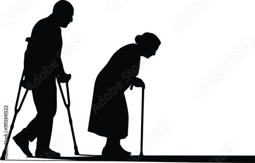 Silhouettes of an elderly man on crutches and an old woman with a cane walking together on a path