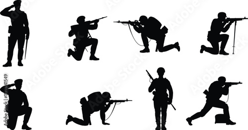 Military soldier silhouettes collection, army troops aiming rifles kneeling standing saluting in combat poses isolated black vector illustration on white background