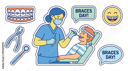 Dentist examines patient with braces, performing dental checkup for oral health care and orthodontics. Flat line vector, pastel palette, isolated sticker set.
