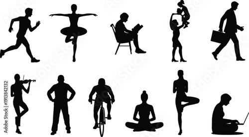 People silhouette set, men and women running dancing reading working cycling meditating parenting and playing music isolated black vector illustration