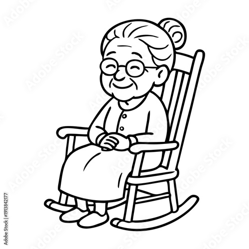 Dibujo sencillo con líneas de una anciana feliz sentada en una mecedora 
