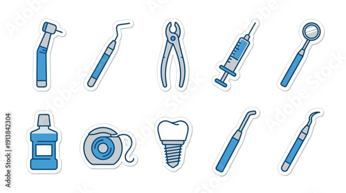 Dental Tools, Hygiene Products & Medical Equipment Icons for Dentistry, Oral Health & Clinic Care. Modern Flat Blue Gray Design Vector Sticker Set.
