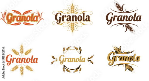 Granola Logo and Wheat Emblem Collection. Vintage Typography with Grain Elements Illustration. Elegant Food Branding Vector Set for Packaging Design.
