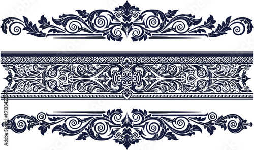 Luxury black damask floral split frame vector with elegant filigree scrolls and baroque elements for wedding invitations vintage labels and decorative border header designs.