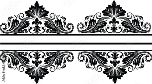 Luxury black damask floral split frame vector with elegant filigree scrolls and fleur de lis elements for wedding invitations vintage labels and decorative border designs.