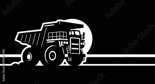 Heavy Duty Dump Truck Silhouette on Black Background.