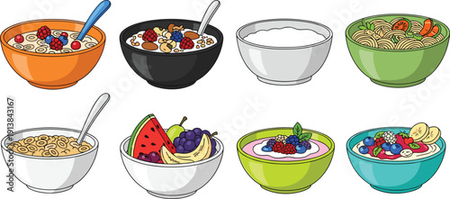 Healthy Bowl Meals Collection Set. Cereal, Rice, Noodles and Fruit Toppings Illustration. Colorful Hand Drawn Food Vector for Breakfast and Lunch Menu Design.