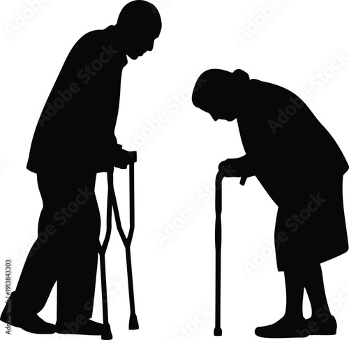 Silhouettes portray an elderly man leaning on crutches and an older woman supported by her walking stick