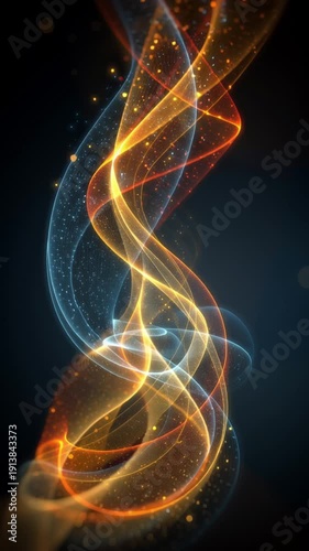 Twin Helix Of Vertical Light Threads In Blue Orange Glow. Energy Column, Signal Lattice, Sci Tech.