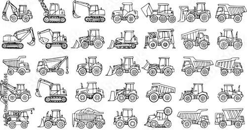 Hand Drawn Outline Seamless Pattern of Construction Vehicles: Heavy Equipment, Excavators, Dump Trucks, Loaders