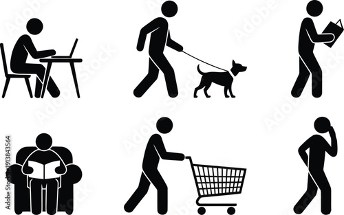 Simple black icon set illustrating people engaged in various common daily routines and actions