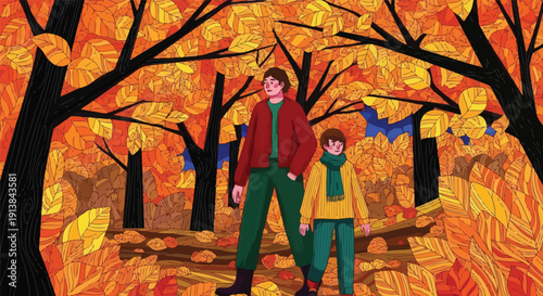 Vector illustration of a man and a boy standing together in an autumn forest with vibrant orange and yellow foliage