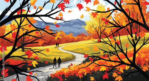 Vector illustration of a serene autumn landscape with a winding river, vibrant orange and yellow foliage, and distant mountains under a blue sky