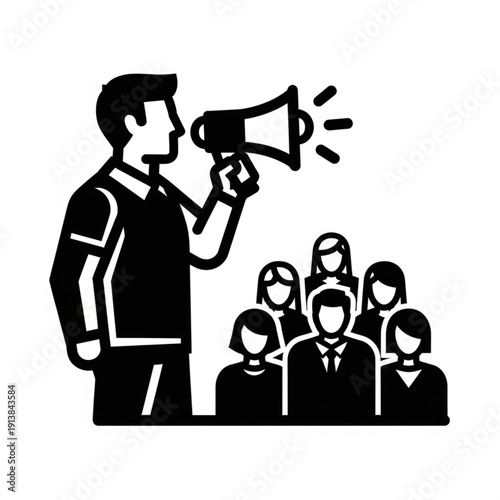 Man speaking to a group of people with a megaphone.