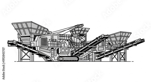 Industrial machinery with conveyor belts and metal structures.