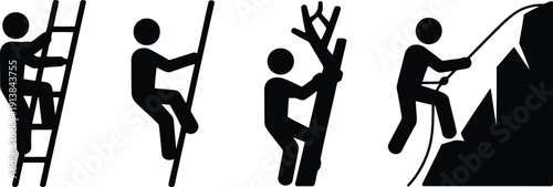 Simple black silhouettes show people engaging in different upward challenges like scaling ladders and mountains