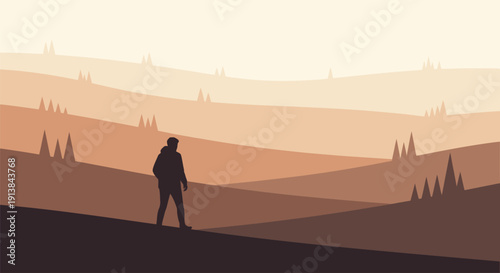 Silhouette of a lone hiker walking on a hill with a walking stick, overlooking a serene landscape with rolling hills and trees at sunset