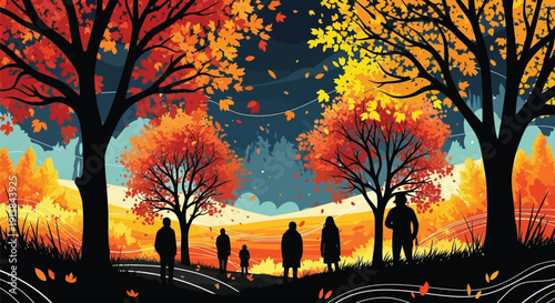 Autumn landscape, colorful trees, silhouetted people, fall foliage, scenic view