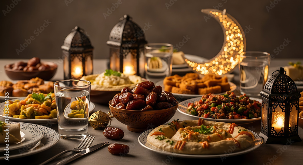 Fototapeta premium A warm and inviting evening Iftar table glows with lanterns and a crescent moon, laden with an array of traditional dishes and refreshing water.