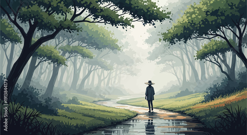 A lone person walks down a misty forest path beside a reflective puddle on a foggy day