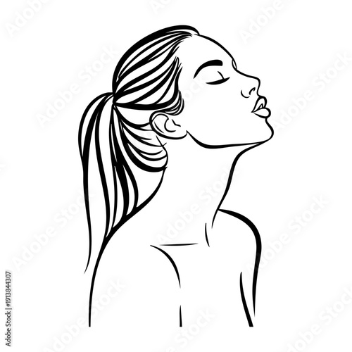 Dibujo con líneas del retrato de una hermosa joven de perfil enviando un beso