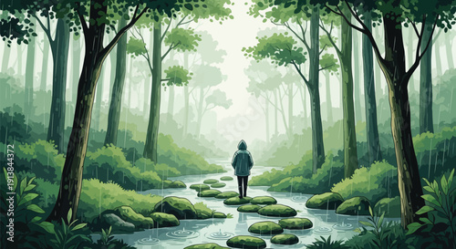 a person walks across stepping stones in a misty forest with a stream