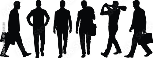 Six black male silhouettes in different walking and standing poses carrying bags on a clean white backdrop