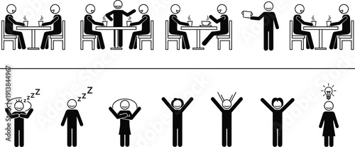 Stick figure icons set of people sitting at cafe tables drinking coffee talking and expressions of success sleeping and having new ideas vector illustration