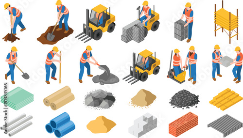 Isometric construction workers and materials set, forklift, bricks, sand, concrete, tools, industrial building process vector illustration collection