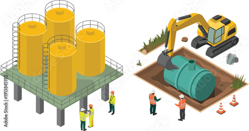 Isometric oil storage tanks and underground pipeline installation, industrial construction excavation, fuel tank infrastructure engineering illustration vector